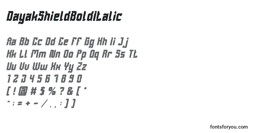 Czcionka DayakShieldBoldItalic – alfabet, cyfry, specjalne znaki