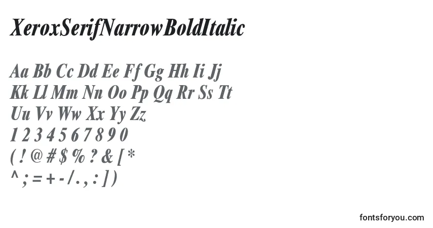 A fonte XeroxSerifNarrowBoldItalic – alfabeto, números, caracteres especiais