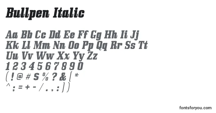Шрифт Bullpen Italic – алфавит, цифры, специальные символы