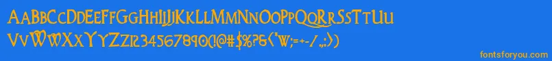 フォントWoodgodboldcond – オレンジ色の文字が青い背景にあります。