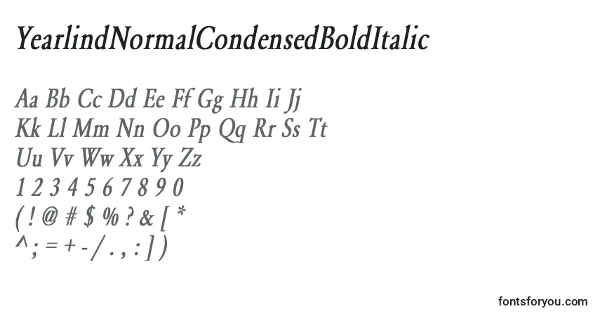 A fonte YearlindNormalCondensedBoldItalic – alfabeto, números, caracteres especiais
