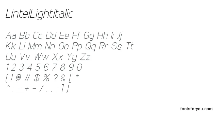 Шрифт LintelLightitalic – алфавит, цифры, специальные символы
