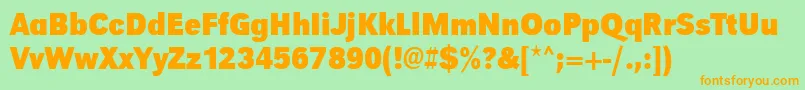 フォントUrwgrotesktextnarBold – オレンジの文字が緑の背景にあります。