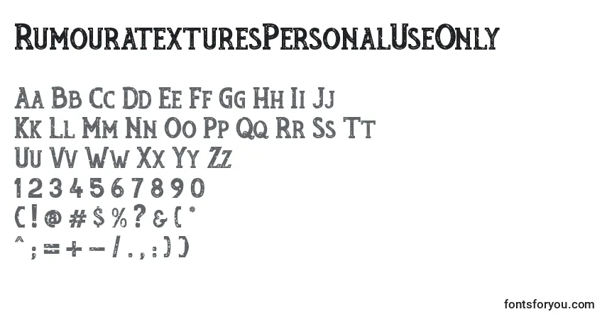 Schriftart RumouratexturesPersonalUseOnly (36269) – Alphabet, Zahlen, spezielle Symbole