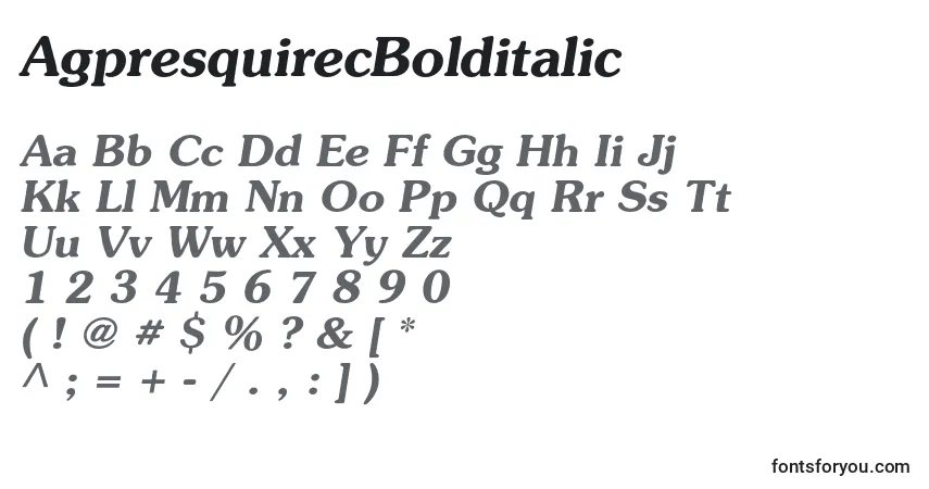 A fonte AgpresquirecBolditalic – alfabeto, números, caracteres especiais
