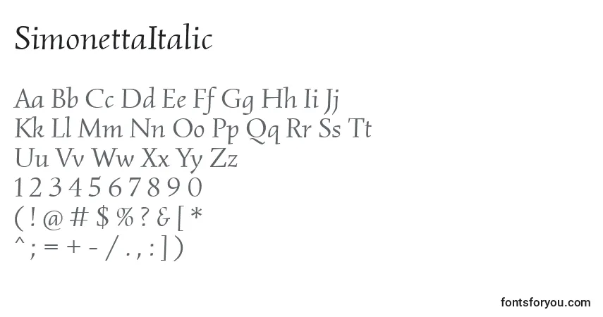 Schriftart SimonettaItalic – Alphabet, Zahlen, spezielle Symbole