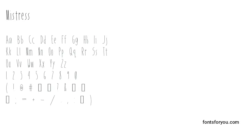 Czcionka Mistress – alfabet, cyfry, specjalne znaki
