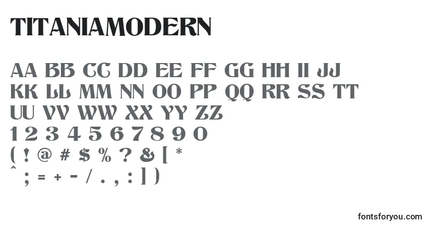 Schriftart TitaniaModern – Alphabet, Zahlen, spezielle Symbole