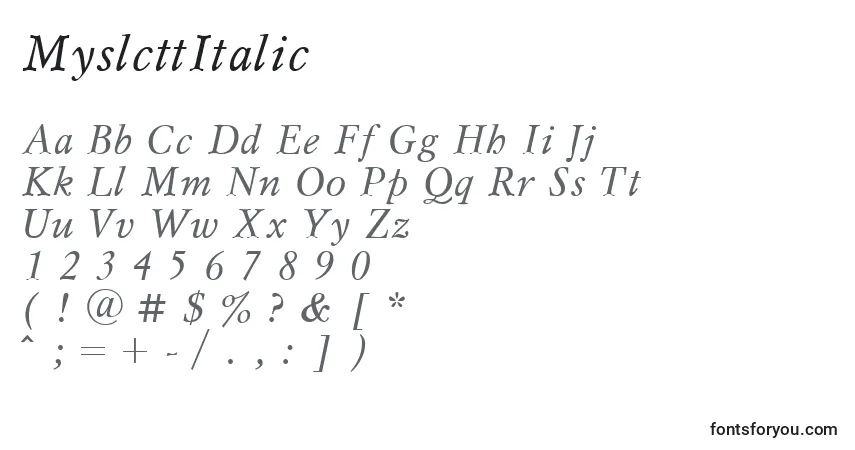 A fonte MyslcttItalic – alfabeto, números, caracteres especiais