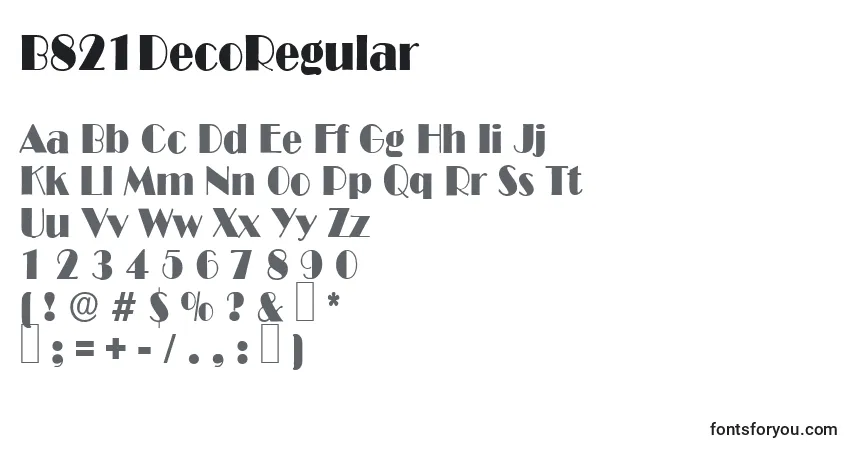 Czcionka B821DecoRegular – alfabet, cyfry, specjalne znaki