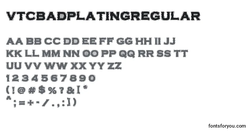 Czcionka VtcbadplatingRegular – alfabet, cyfry, specjalne znaki