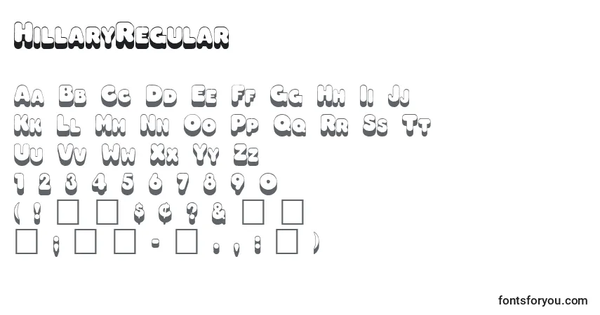 Czcionka HillaryRegular – alfabet, cyfry, specjalne znaki