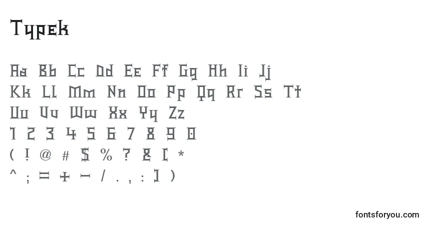 Schriftart Typek – Alphabet, Zahlen, spezielle Symbole