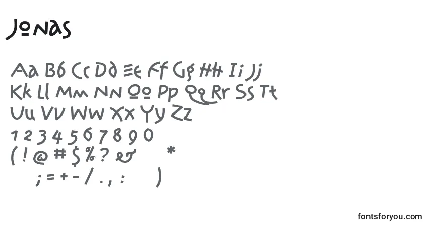 Czcionka Jonas – alfabet, cyfry, specjalne znaki