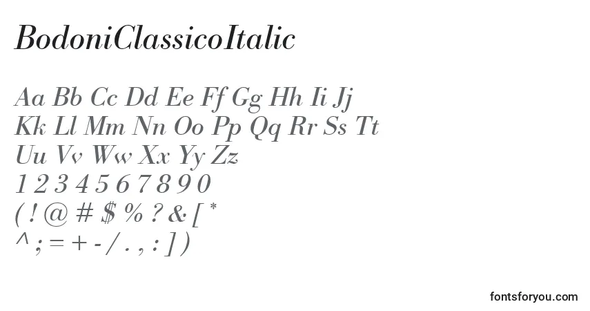 Czcionka BodoniClassicoItalic – alfabet, cyfry, specjalne znaki