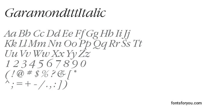 Czcionka GaramondtttItalic – alfabet, cyfry, specjalne znaki