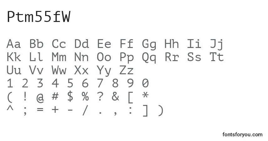 Czcionka Ptm55fW – alfabet, cyfry, specjalne znaki