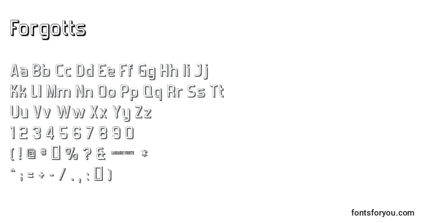 A fonte Forgotts – alfabeto, números, caracteres especiais