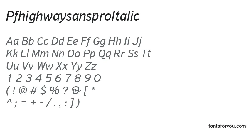 Czcionka PfhighwaysansproItalic – alfabet, cyfry, specjalne znaki