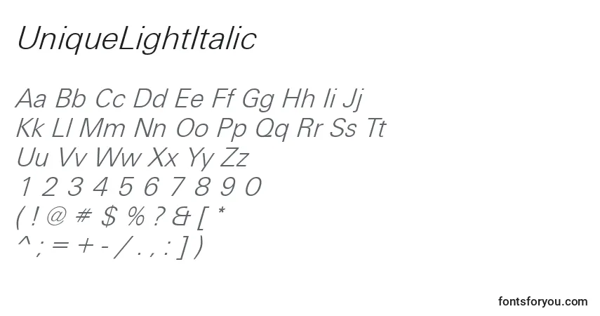 Czcionka UniqueLightItalic – alfabet, cyfry, specjalne znaki