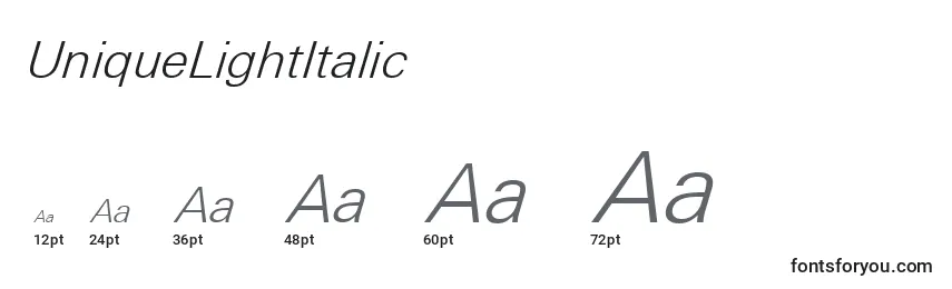 Размеры шрифта UniqueLightItalic
