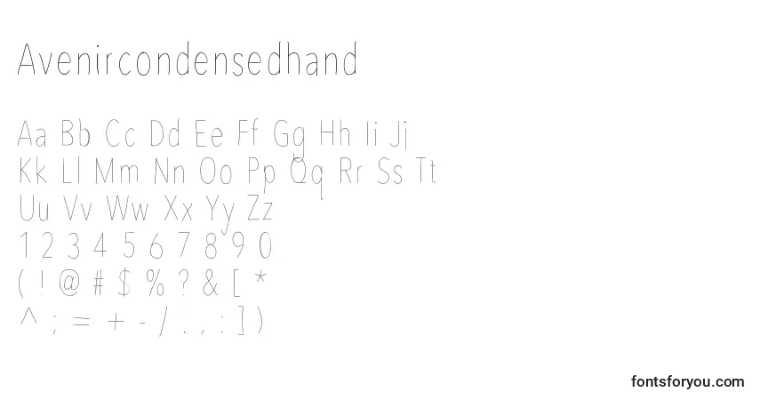 A fonte Avenircondensedhand – alfabeto, números, caracteres especiais