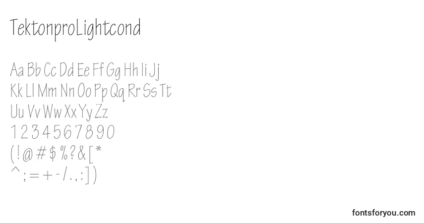 Czcionka TektonproLightcond – alfabet, cyfry, specjalne znaki