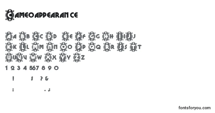 Schriftart Cameoappearance – Alphabet, Zahlen, spezielle Symbole