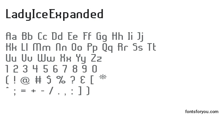 Czcionka LadyIceExpanded – alfabet, cyfry, specjalne znaki