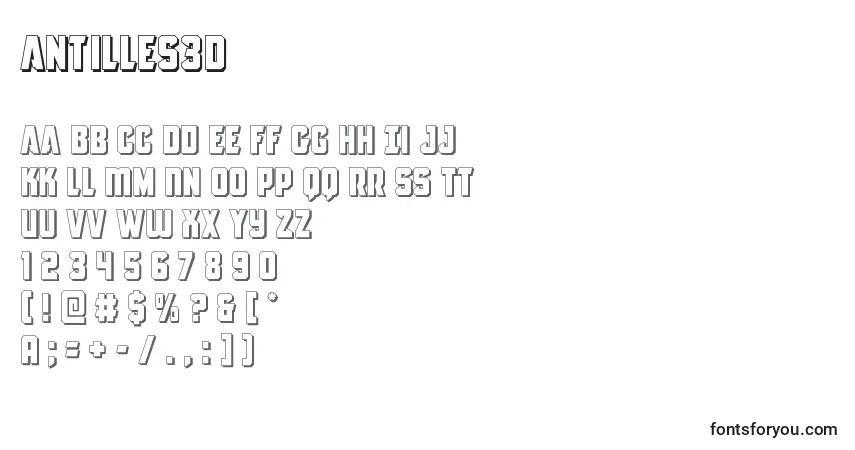 Czcionka Antilles3D – alfabet, cyfry, specjalne znaki