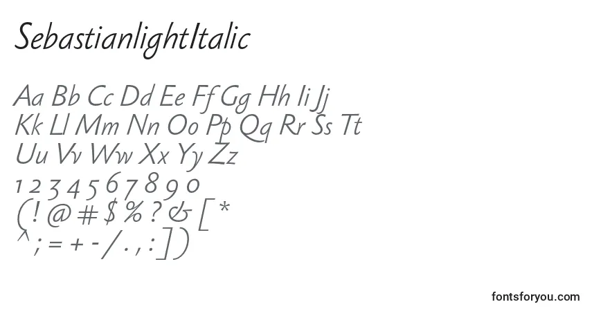 Шрифт SebastianlightItalic – алфавит, цифры, специальные символы