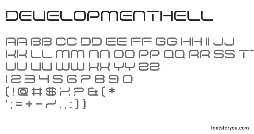 Czcionka DevelopmentHell – alfabet, cyfry, specjalne znaki