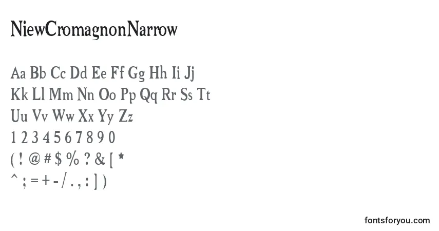 A fonte NiewCromagnonNarrow – alfabeto, números, caracteres especiais