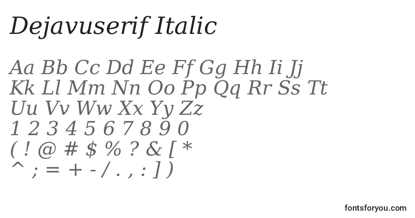 Czcionka Dejavuserif Italic – alfabet, cyfry, specjalne znaki