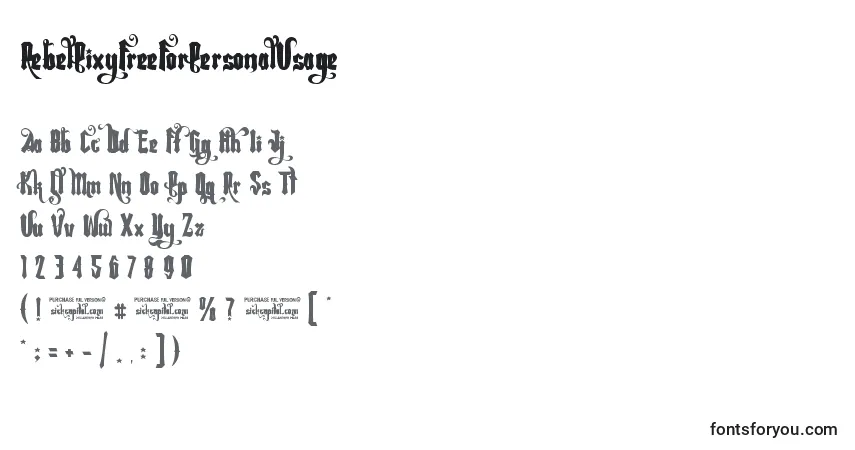 Czcionka RebelPixyFreeForPersonalUsage (36531) – alfabet, cyfry, specjalne znaki