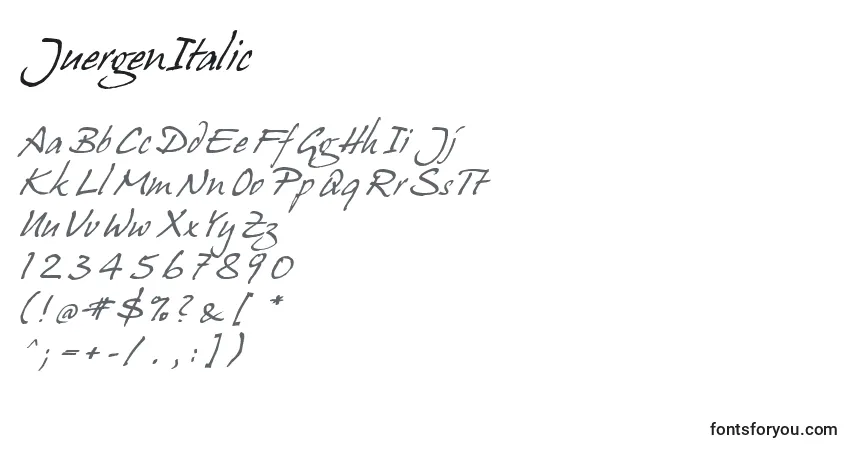A fonte JuergenItalic – alfabeto, números, caracteres especiais