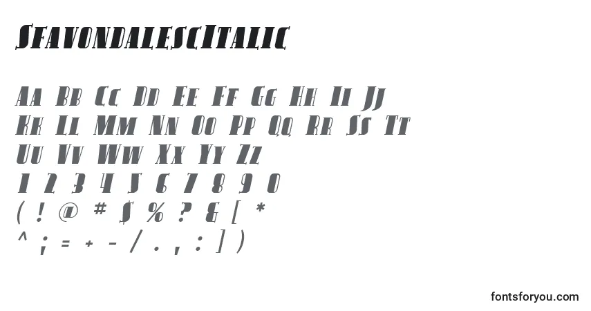 A fonte SfavondalescItalic – alfabeto, números, caracteres especiais