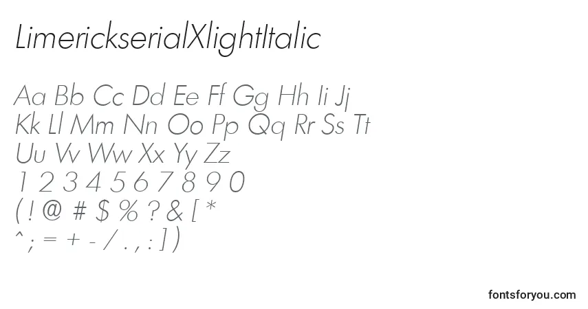 Schriftart LimerickserialXlightItalic – Alphabet, Zahlen, spezielle Symbole
