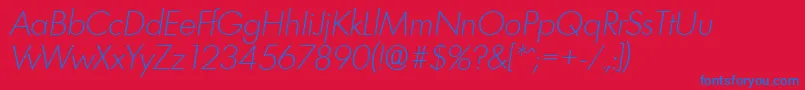 Fonte LimerickserialXlightItalic – fontes azuis em um fundo vermelho