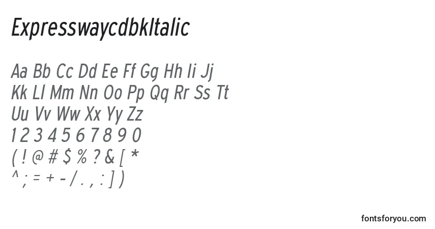 A fonte ExpresswaycdbkItalic – alfabeto, números, caracteres especiais
