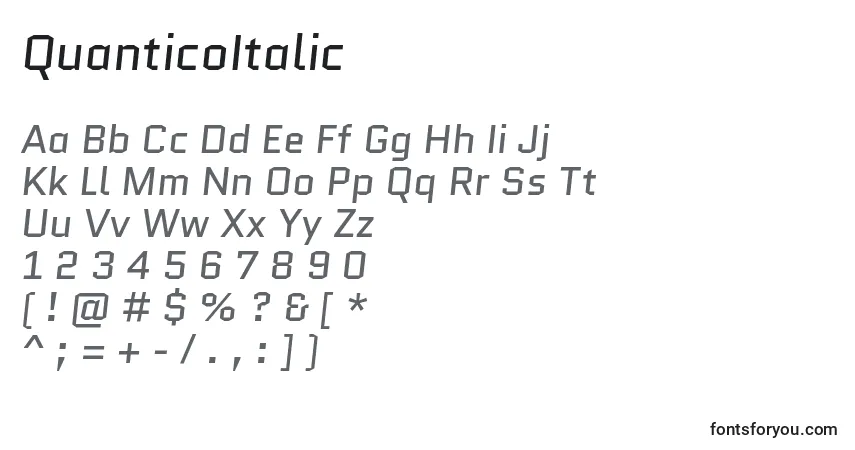 Шрифт QuanticoItalic – алфавит, цифры, специальные символы