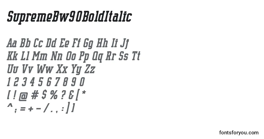 Czcionka SupremeBw90BoldItalic – alfabet, cyfry, specjalne znaki