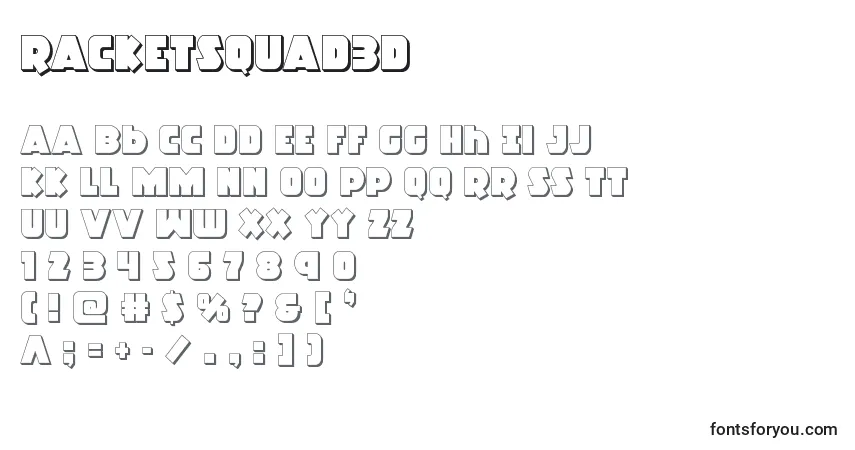 A fonte Racketsquad3D – alfabeto, números, caracteres especiais