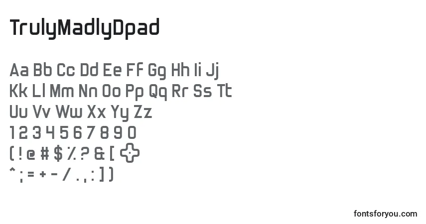 A fonte TrulyMadlyDpad – alfabeto, números, caracteres especiais