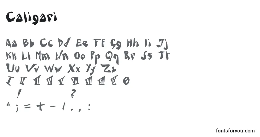 A fonte Caligari – alfabeto, números, caracteres especiais