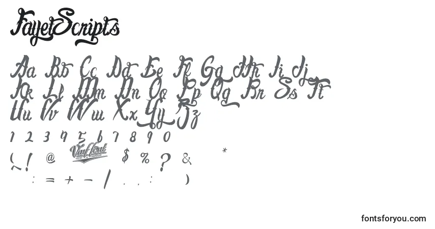 Czcionka FayetScripts – alfabet, cyfry, specjalne znaki