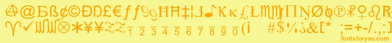 フォントXcrypt – オレンジの文字が黄色の背景にあります。