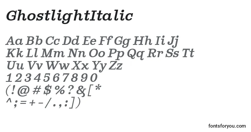 Schriftart GhostlightItalic – Alphabet, Zahlen, spezielle Symbole