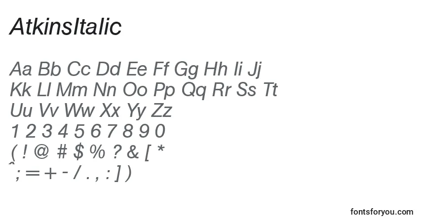 AtkinsItalic-fontti – aakkoset, numerot, erikoismerkit