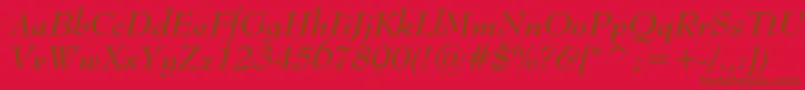 BernhardModernBoldItalicBt-Schriftart – Braune Schriften auf rotem Hintergrund